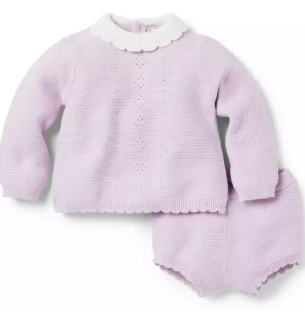 Lilac Ruffle Collar Pointelle Knit Baby Sweater and Shorts Set, Size 18-24 Month